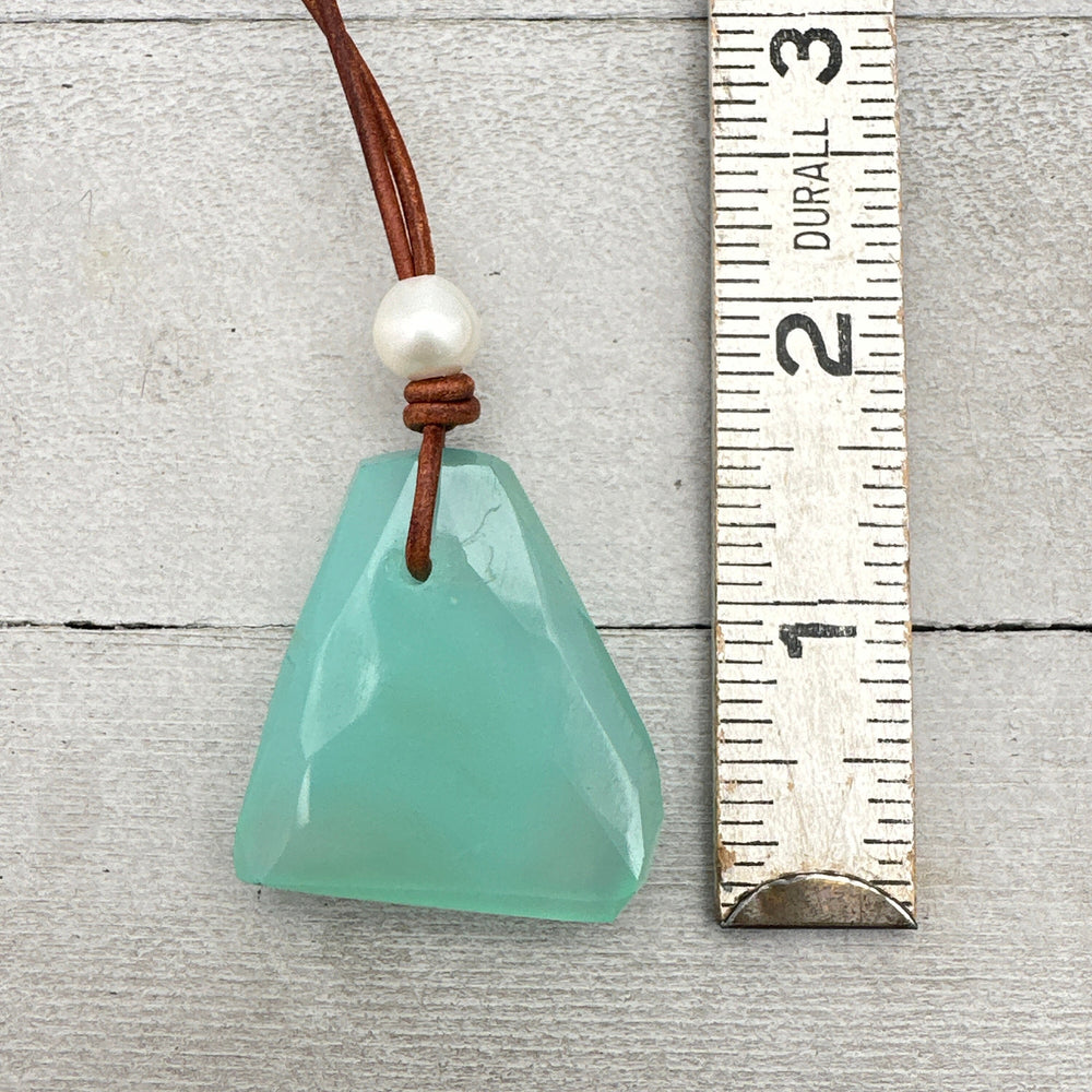 Natural Aqua Blue Chalcedony, Freshwater Pearl, and Brown Leather Necklace - SunlightSilver