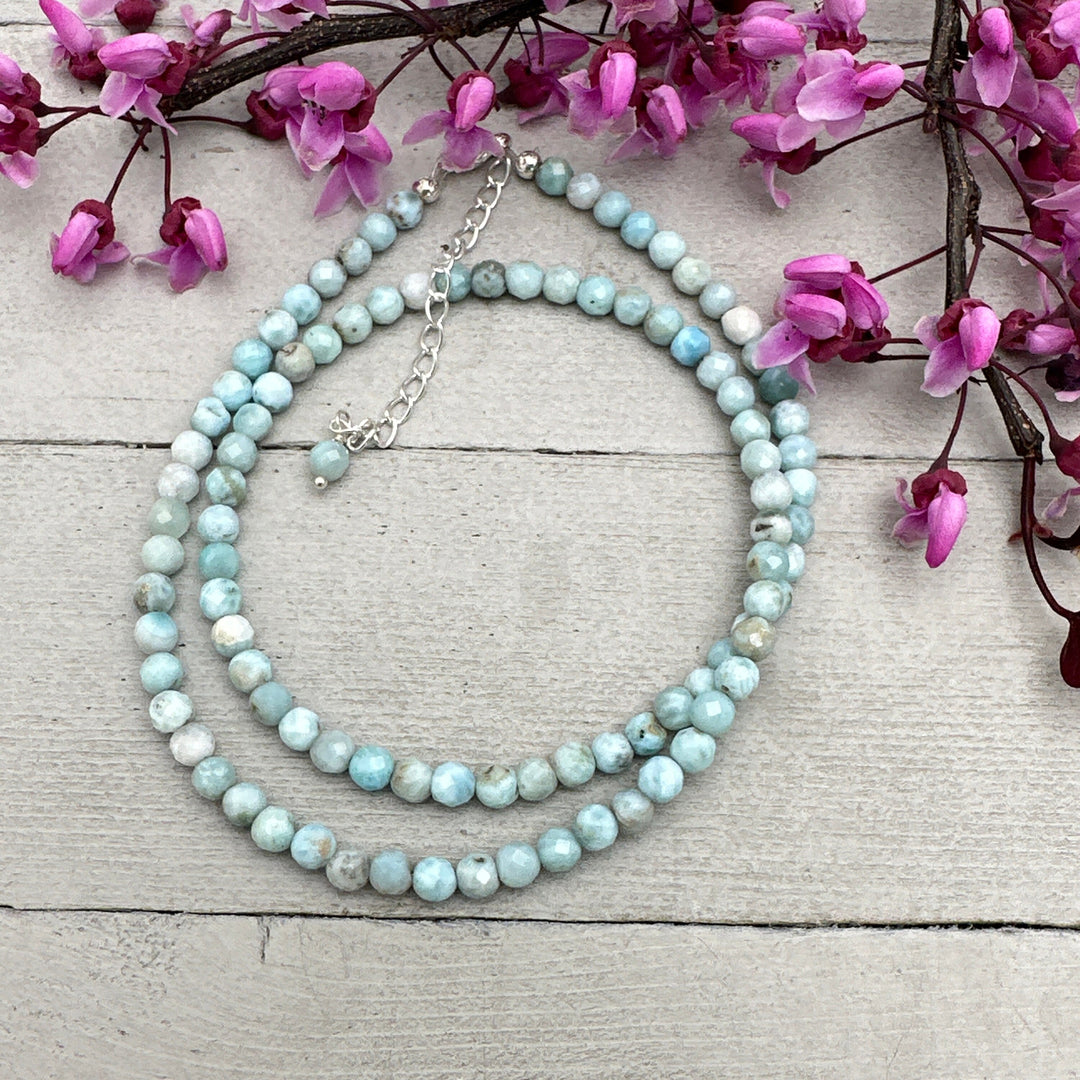 4mm Faceted Beaded Larimar and Sterling Silver Silver Necklace - SunlightSilver