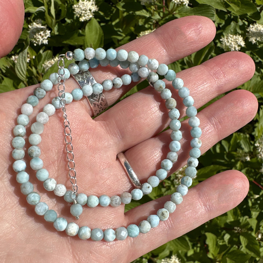 4mm Faceted Beaded Larimar and Sterling Silver Silver Necklace - SunlightSilver