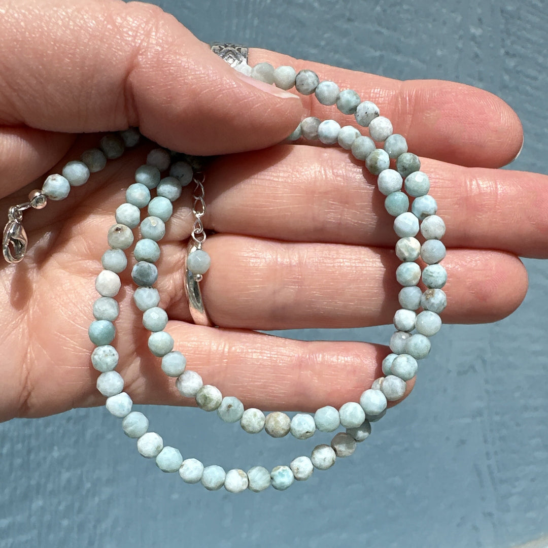 4mm Faceted Beaded Larimar and Sterling Silver Silver Necklace - SunlightSilver