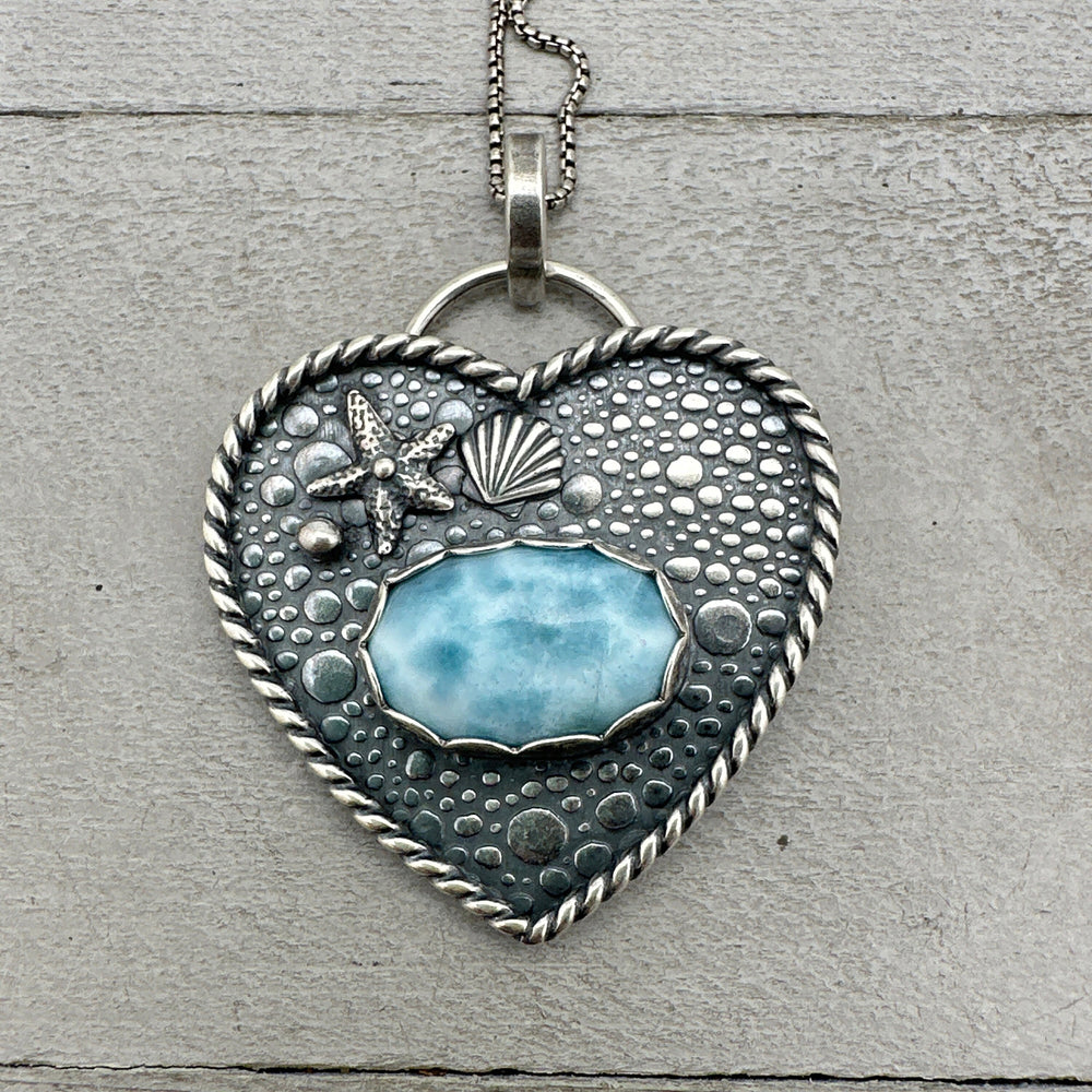 Larimar and Solid 925 Sterling Silver Silver Beach Heart Scene Pendant Necklace - SunlightSilver