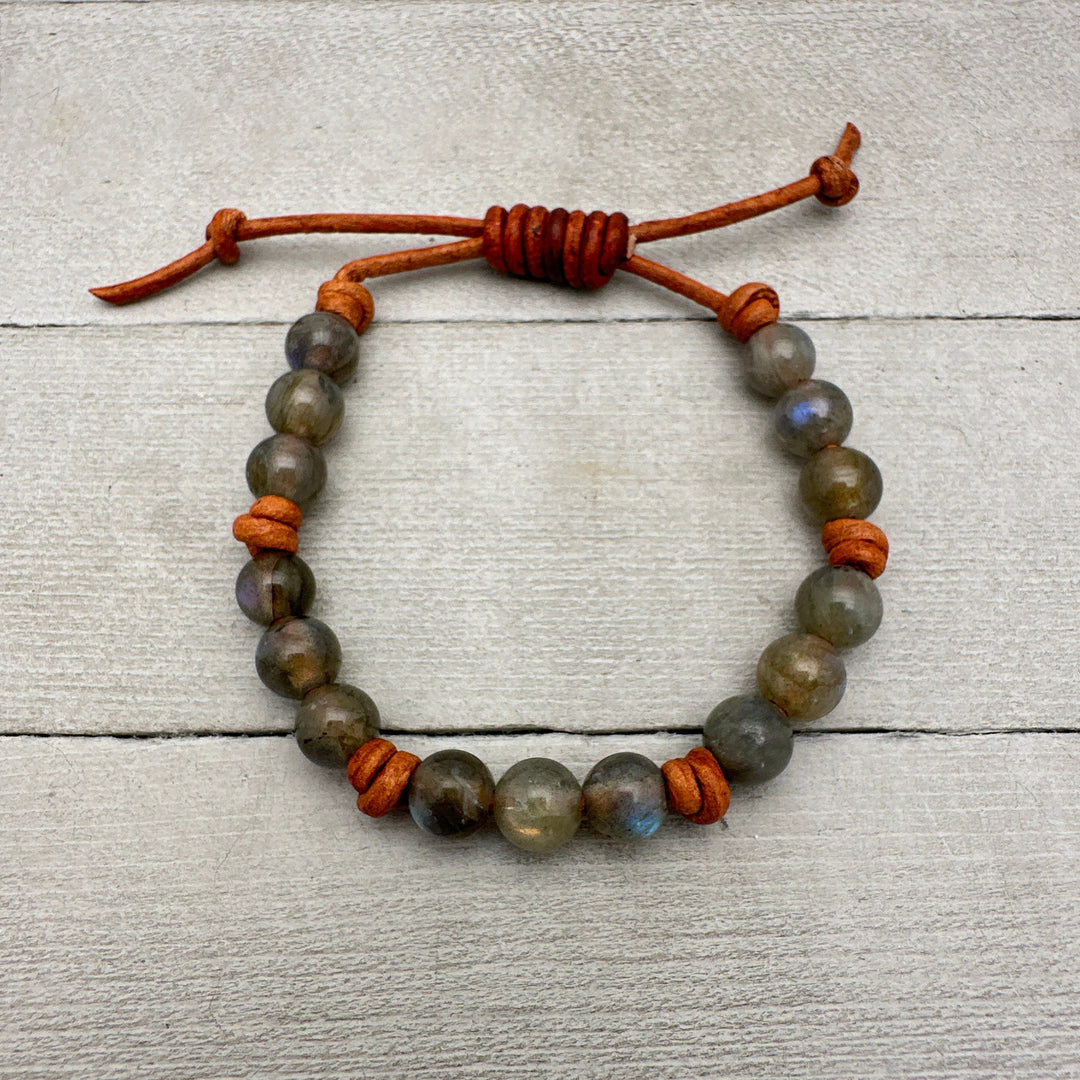 Labradorite Gemstone and Rustic Brown Leather Stacking Bracelet - SunlightSilver