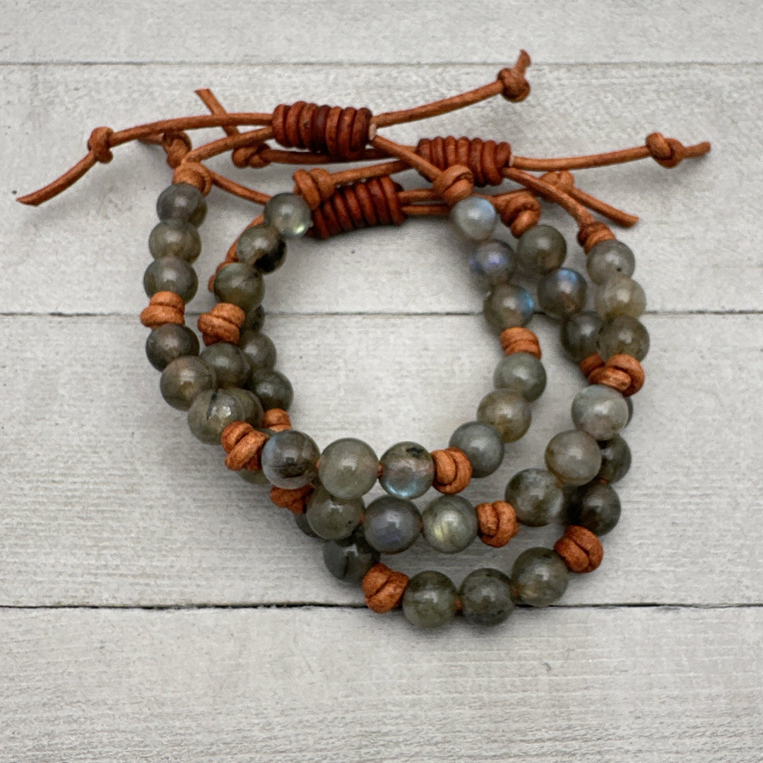 Labradorite Gemstone and Rustic Brown Leather Stacking Bracelet - SunlightSilver