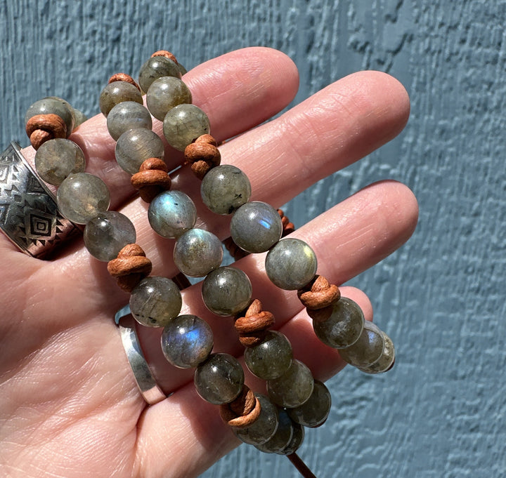 Labradorite Gemstone and Rustic Brown Leather Stacking Bracelet - SunlightSilver