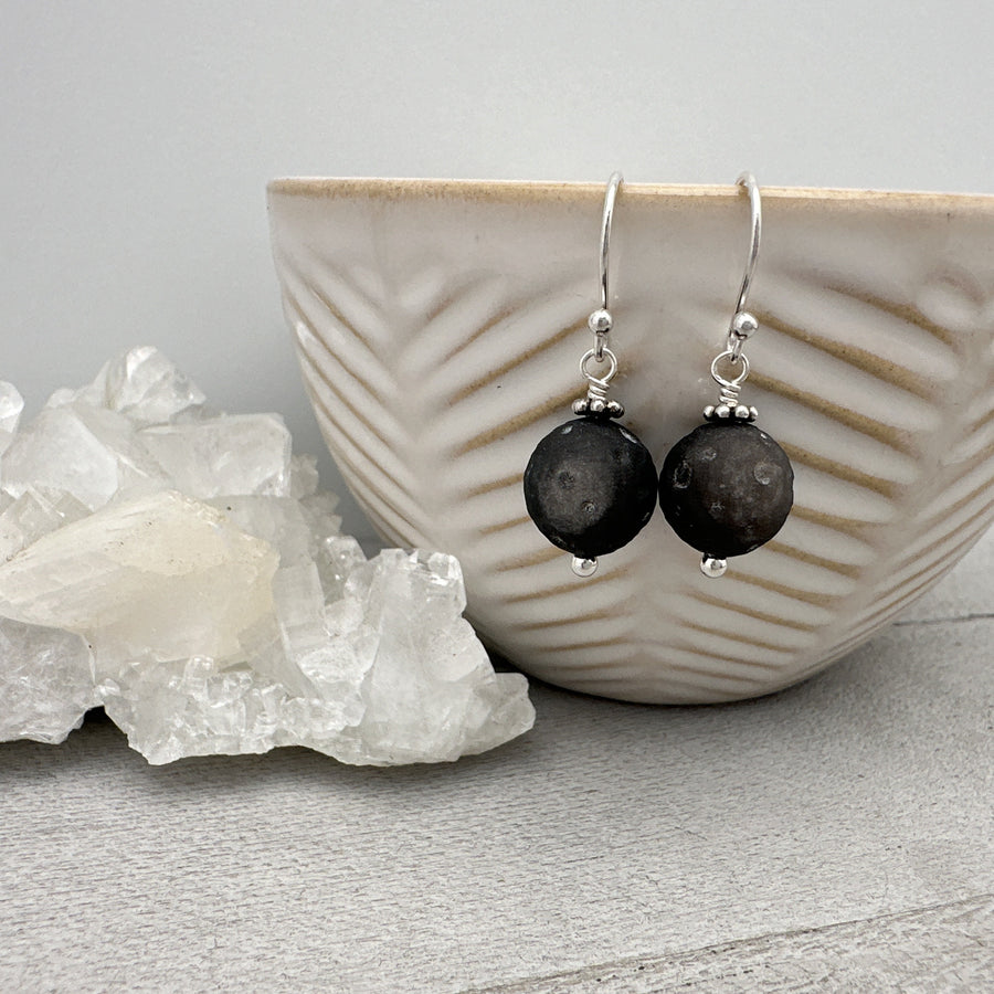 Carved Silver Sheen Obsidian Moon and Sterling Silver Earrings - SunlightSilver