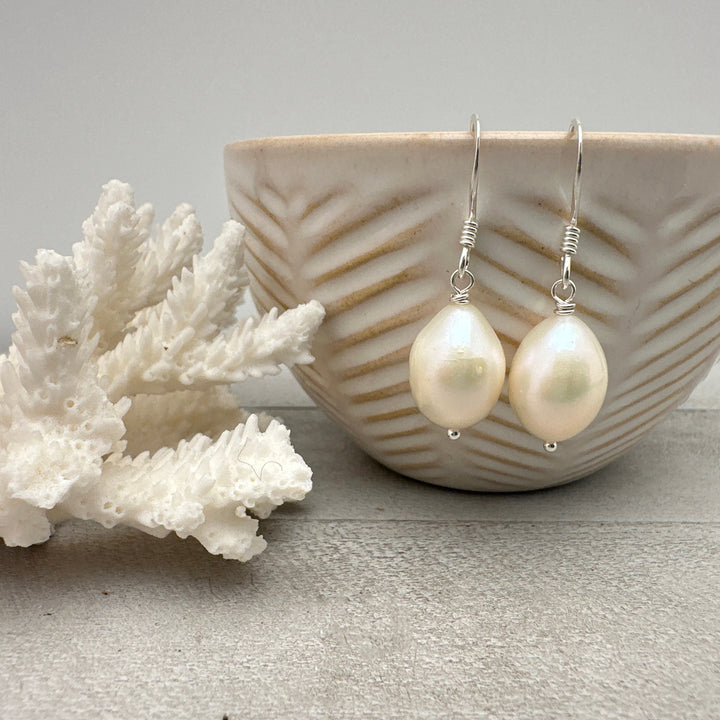 Gorgeous Large White Freshwater Pearl and solid 925 Sterling Silver Earrings - SunlightSilver