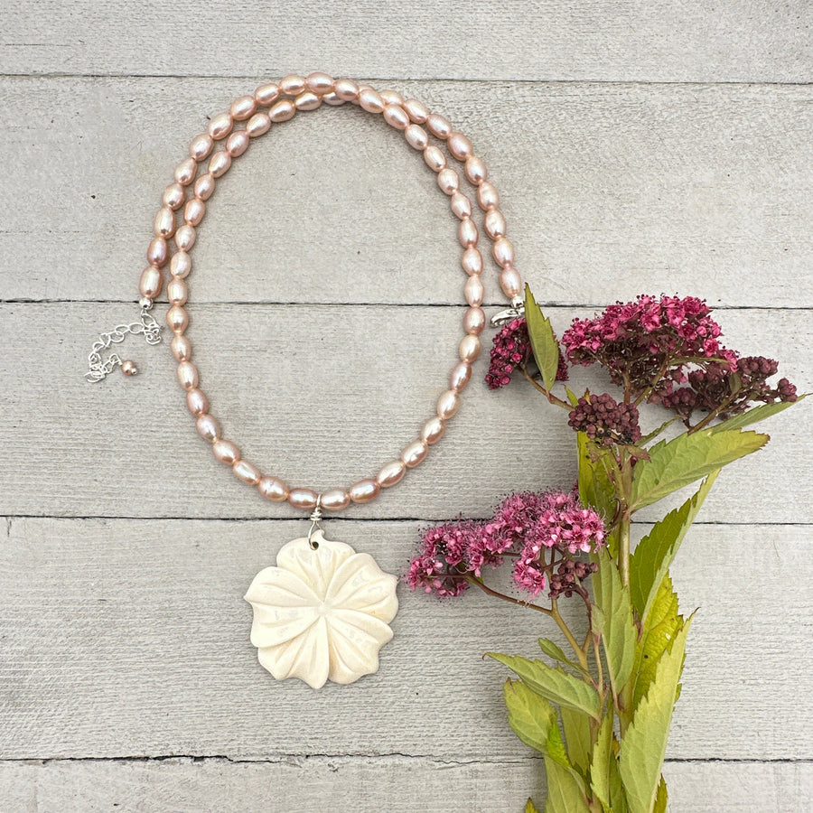 Pink Freshwater Pearl and Carved Flower Necklace. Tropical Island Style - SunlightSilver