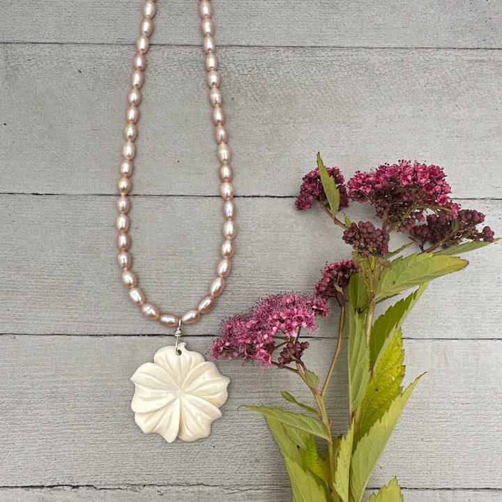 Pink Freshwater Pearl and Carved Flower Necklace. Tropical Island Style - SunlightSilver