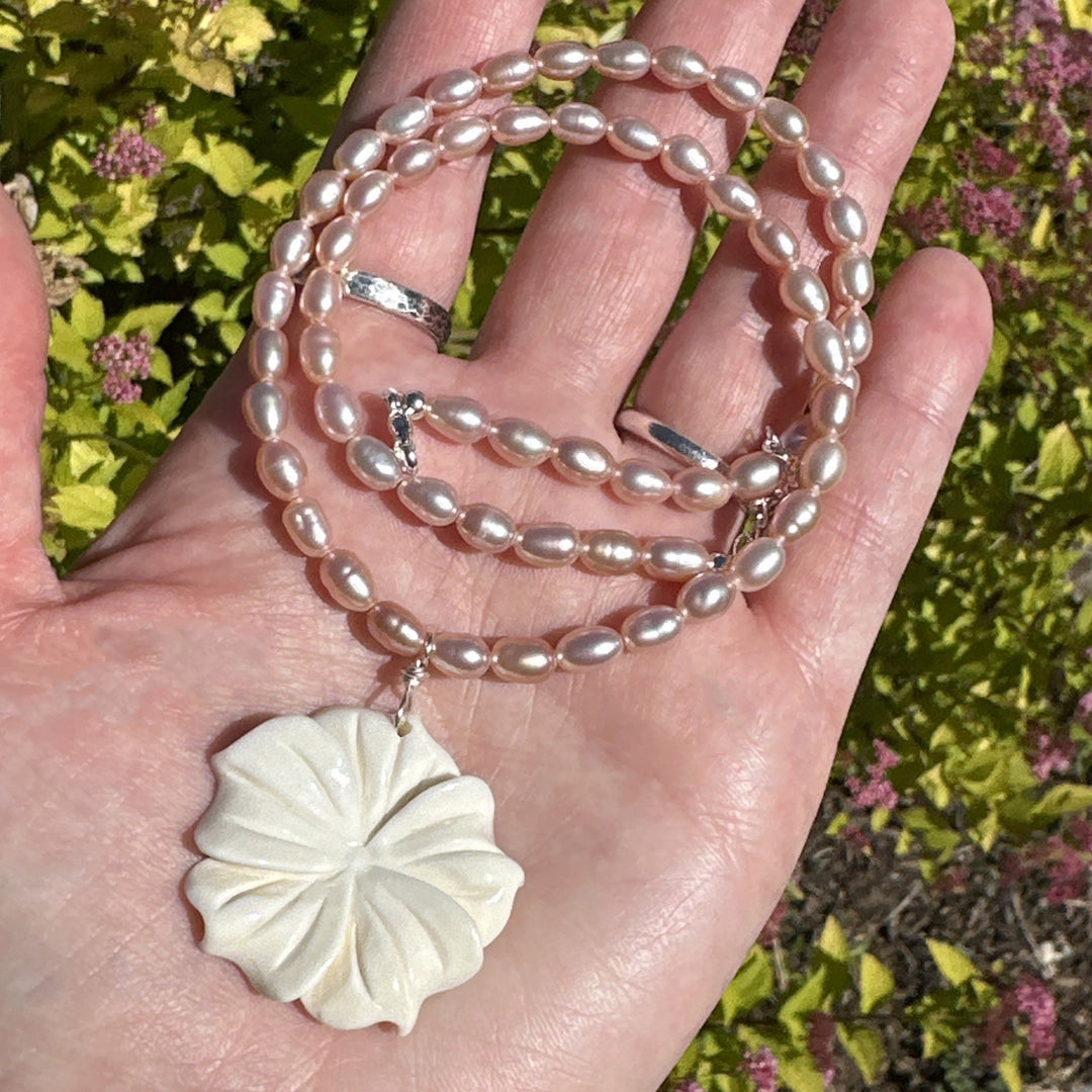 Pink Freshwater Pearl and Carved Flower Necklace. Tropical Island Style - SunlightSilver