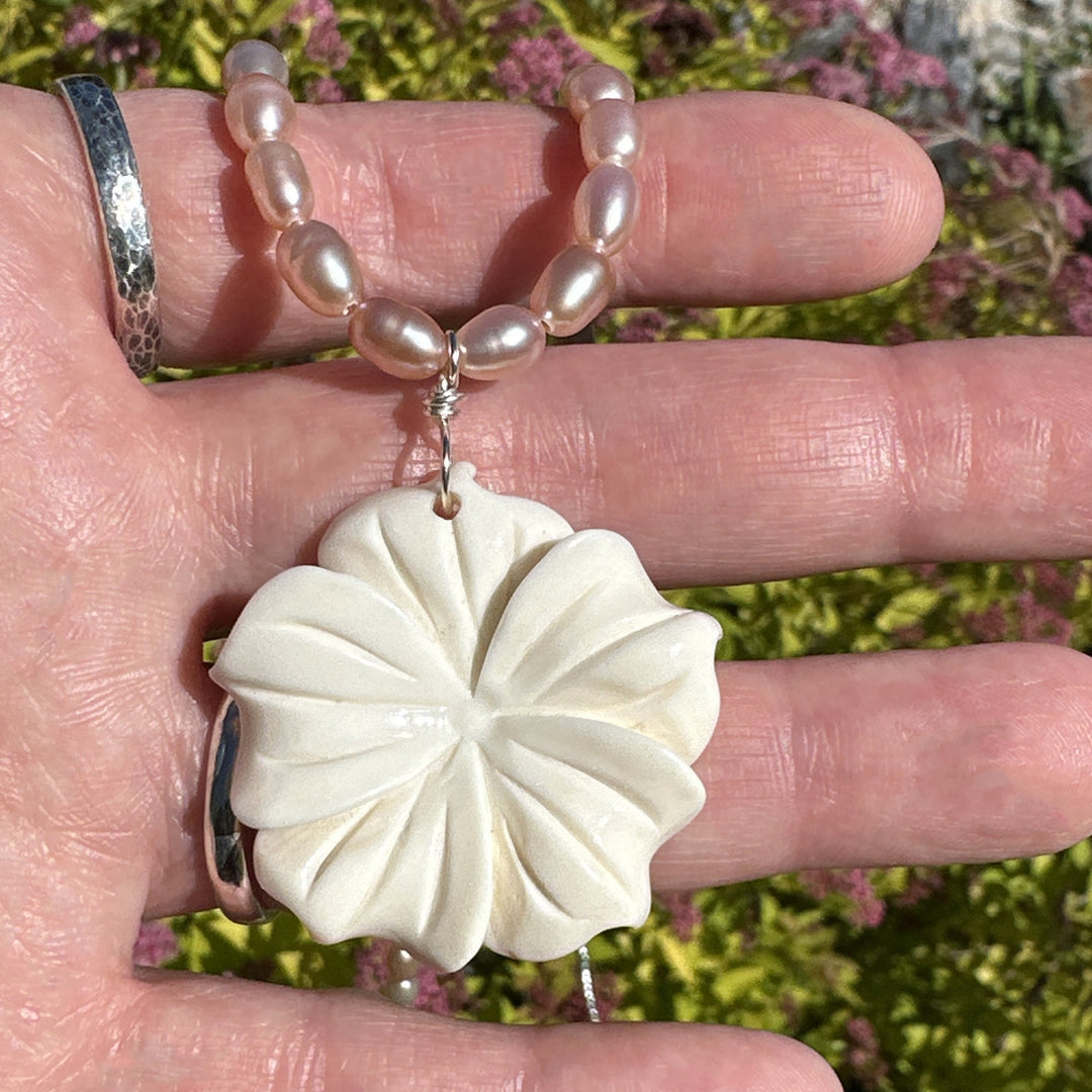 Pink Freshwater Pearl and Carved Flower Necklace. Tropical Island Style - SunlightSilver