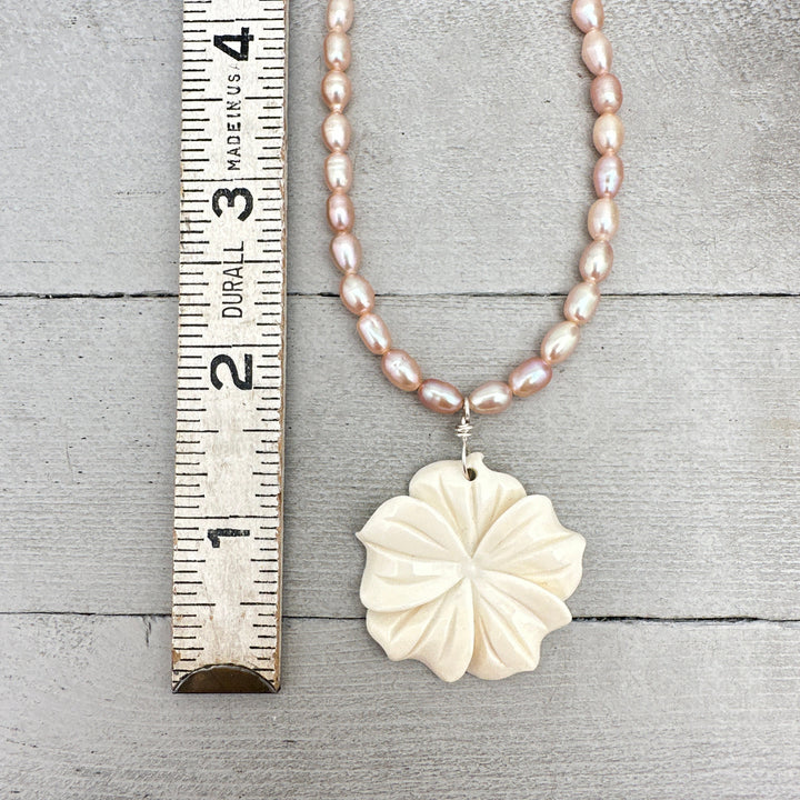 Pink Freshwater Pearl and Carved Flower Necklace. Tropical Island Style - SunlightSilver