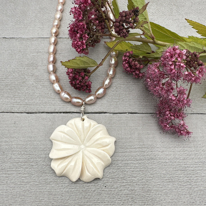 Pink Freshwater Pearl and Carved Flower Necklace. Tropical Island Style - SunlightSilver