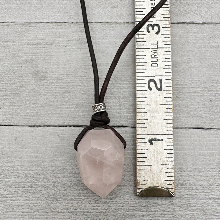 Light Pink Rose Quartz Pendant Leather Necklace - SunlightSilver