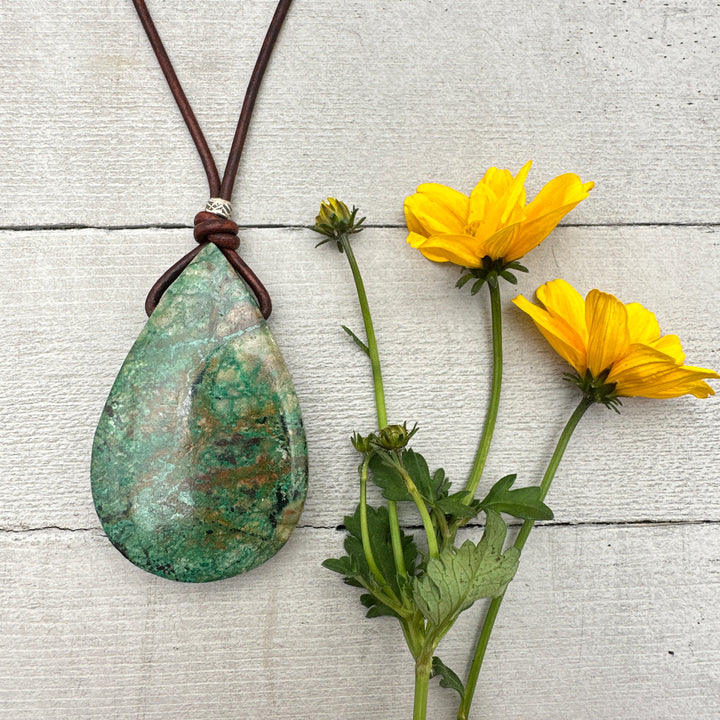 Chrysocolla, Sterling Silver, and Leather Necklace - SunlightSilver