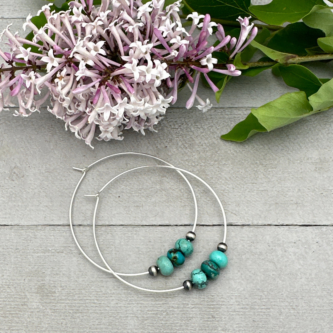 Turquoise, Navajo Pearl, and Sterling Silver Large Hoop Earrings - SunlightSilver