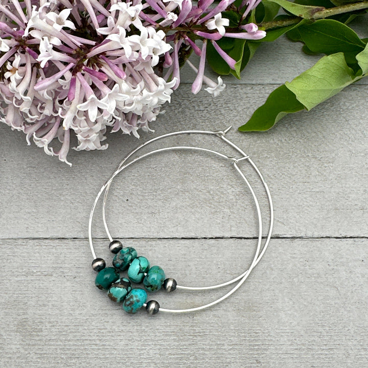 Turquoise, Navajo Pearl, and Sterling Silver Large Hoop Earrings - SunlightSilver