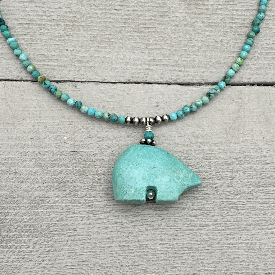 Faceted Turquoise, Zuni Bear, Navajo Pearl and Sterling Silver Beaded Necklace. Tiny 2mm beads - SunlightSilver