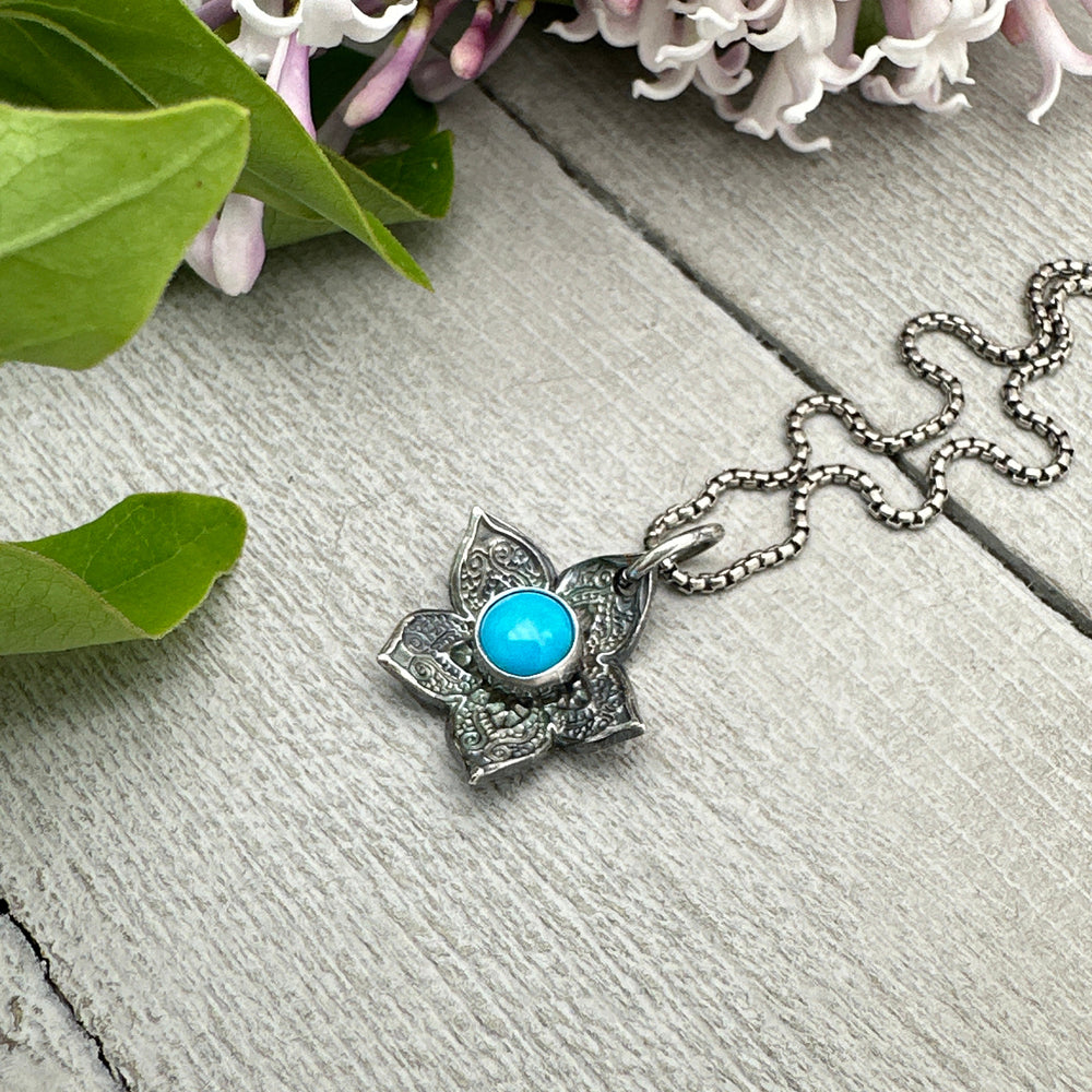 Small Blue Ridge Turquoise and Sterling Silver Flower Charm Necklace - SunlightSilver