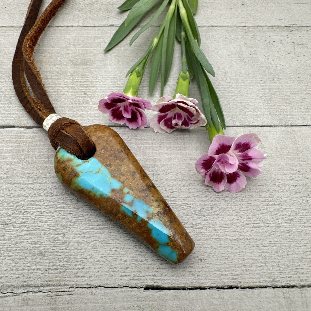 Blue Kingman Turquoise Adjustable Rustic Brown Leather Necklace - SunlightSilver