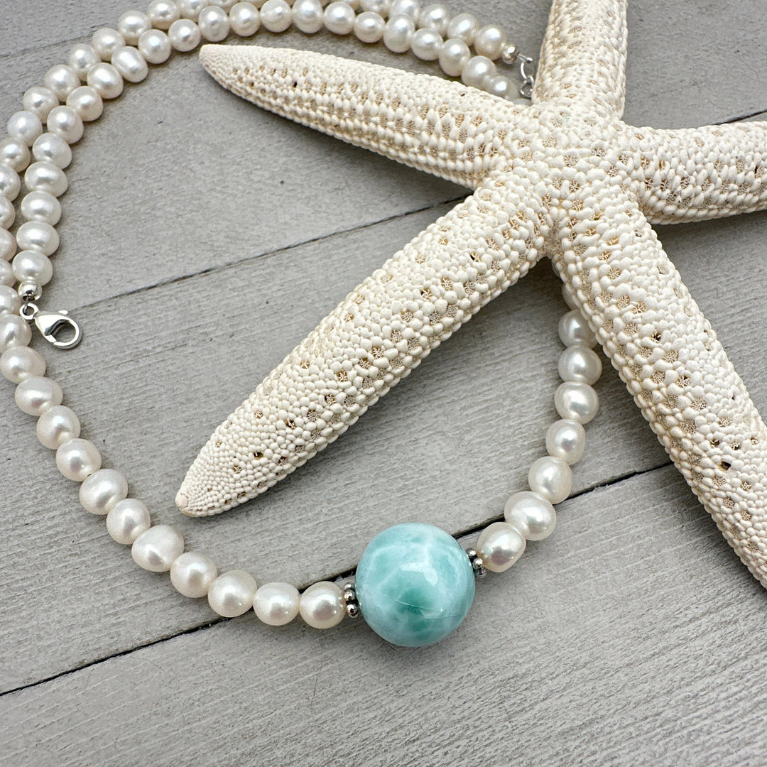 Larimar, Freshwater Pearl and Sterling Silver Necklace - SunlightSilver