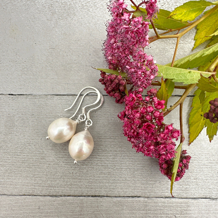 Gorgeous Large White Freshwater Pearl and solid 925 Sterling Silver Earrings - SunlightSilver