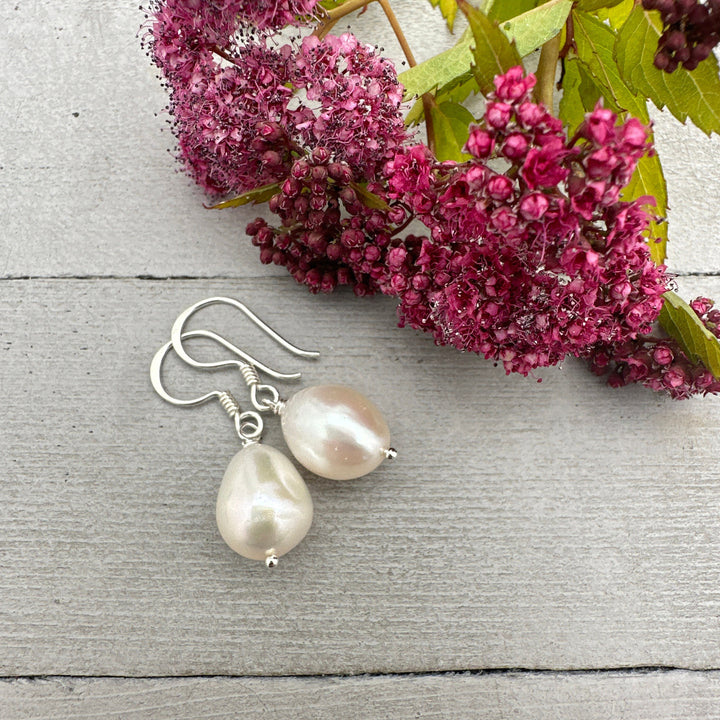 Gorgeous Large White Freshwater Pearl and solid 925 Sterling Silver Earrings - SunlightSilver