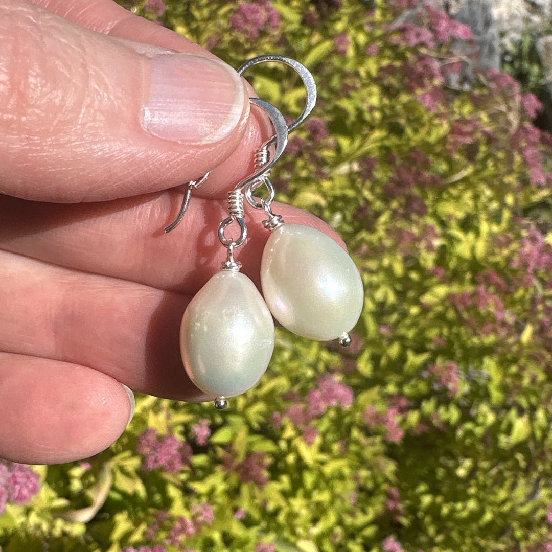 Gorgeous Large White Freshwater Pearl and solid 925 Sterling Silver Earrings. - SunlightSilver