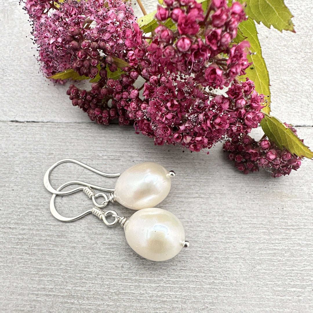 Gorgeous Large White Freshwater Pearl and solid 925 Sterling Silver Earrings. - SunlightSilver
