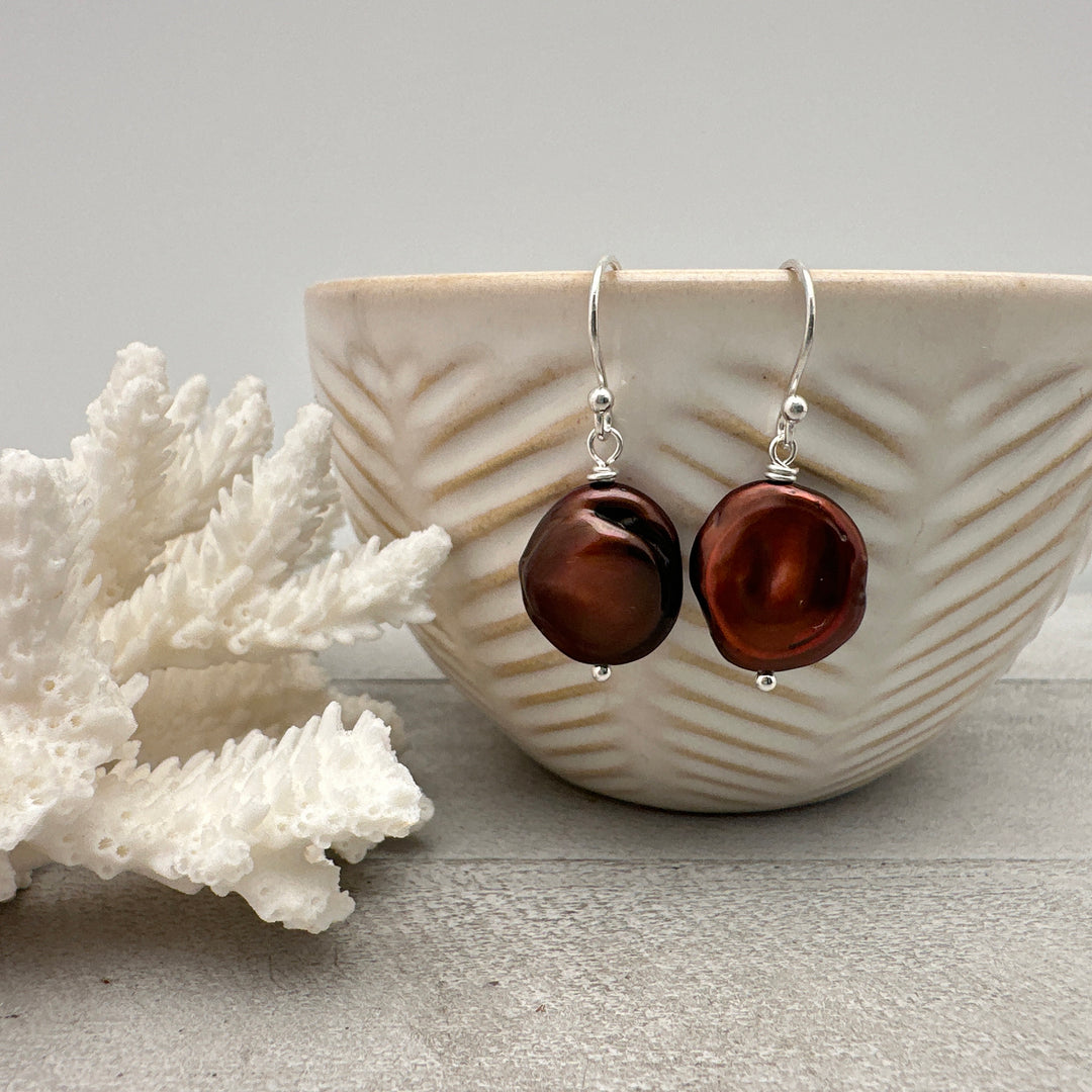 Large Brown Keshi Pearl and Solid 925 Sterling Silver Earrings - SunlightSilver