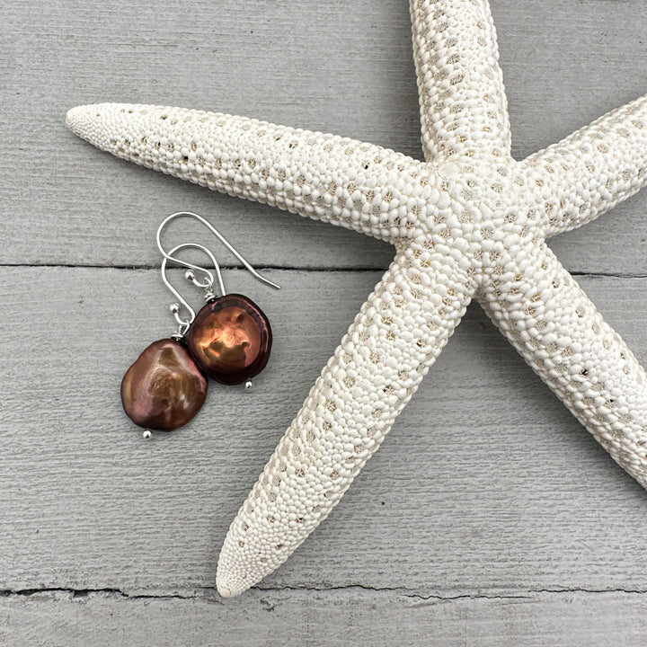 Large Brown Keshi Pearl and Solid 925 Sterling Silver Earrings - SunlightSilver