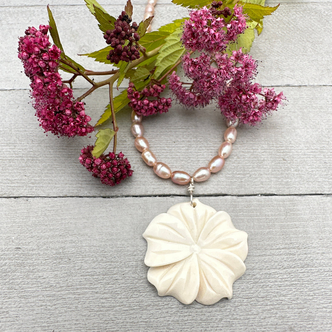 Pink Freshwater Pearl and Carved Flower Necklace. Tropical Island Style - SunlightSilver