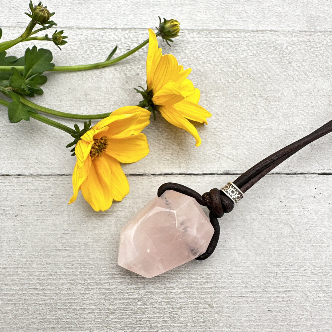 Light Pink Rose Quartz Pendant Leather Necklace - SunlightSilver