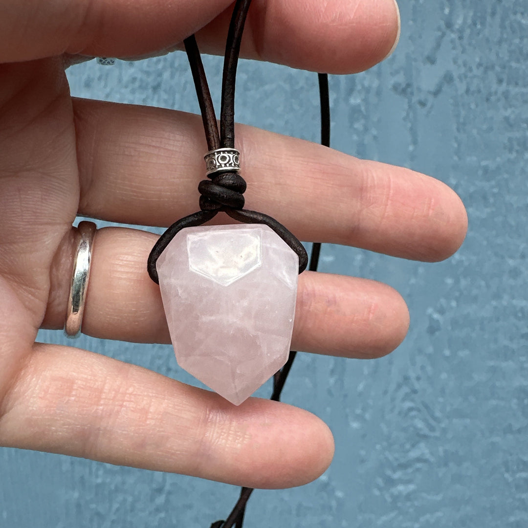 Light Pink Rose Quartz Pendant Leather Necklace - SunlightSilver