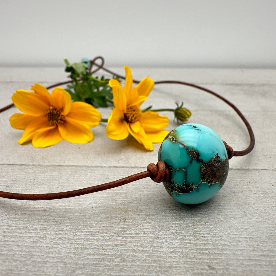 Turquoise Leather Choker Necklace - LAST ONE! - SunlightSilver