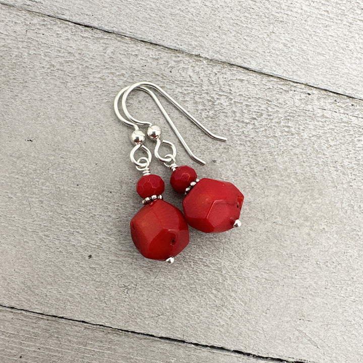 Red Coral and Sterling Silver Earrings. Genuine Coral Faceted Nugget Earrings - SunlightSilver