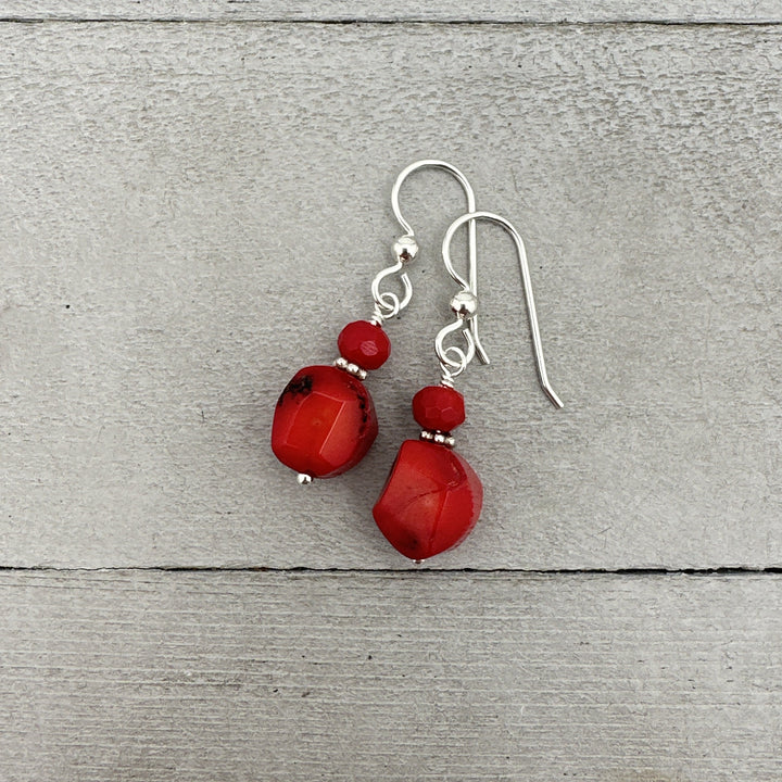 Red Coral and Sterling Silver Earrings. Genuine Coral Faceted Nugget Earrings - SunlightSilver