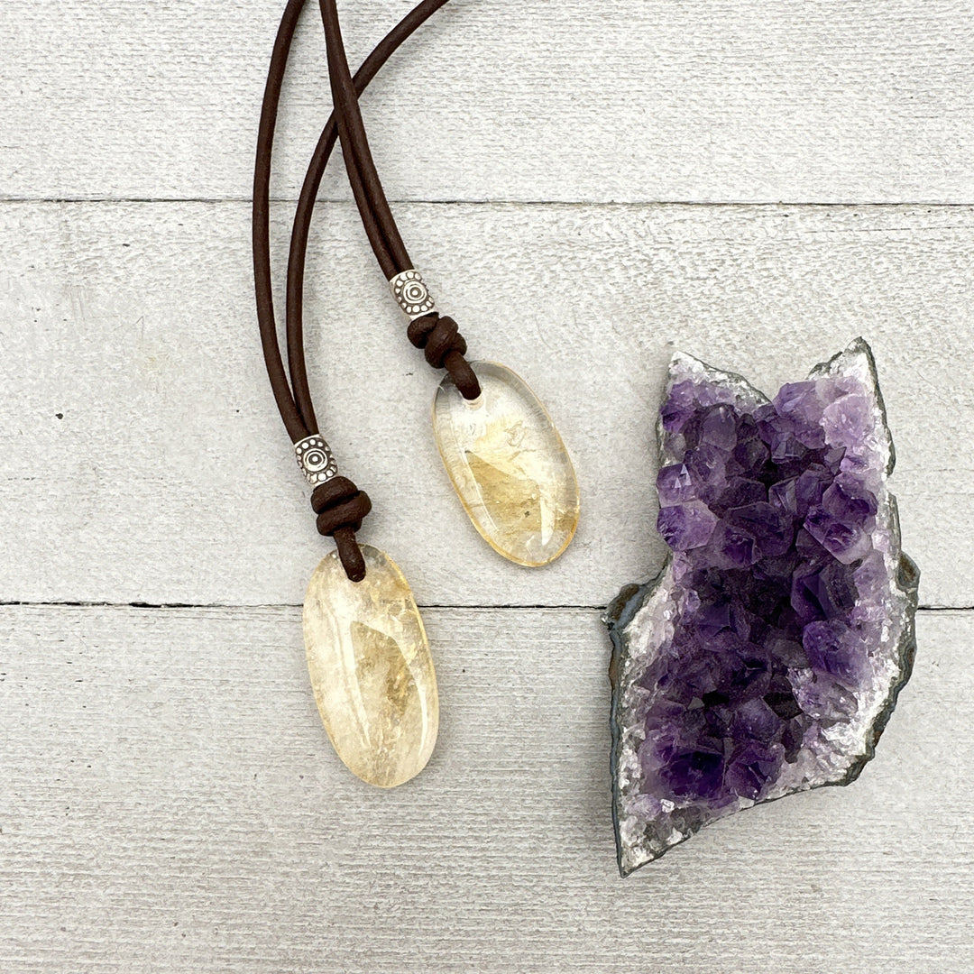 Citrine Pendant Leather Necklace. Healing Crystal. November Birthstone - SunlightSilver