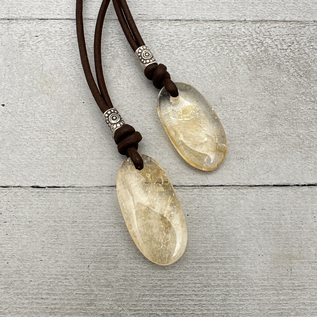 Citrine Pendant Leather Necklace. Healing Crystal. November Birthstone - SunlightSilver