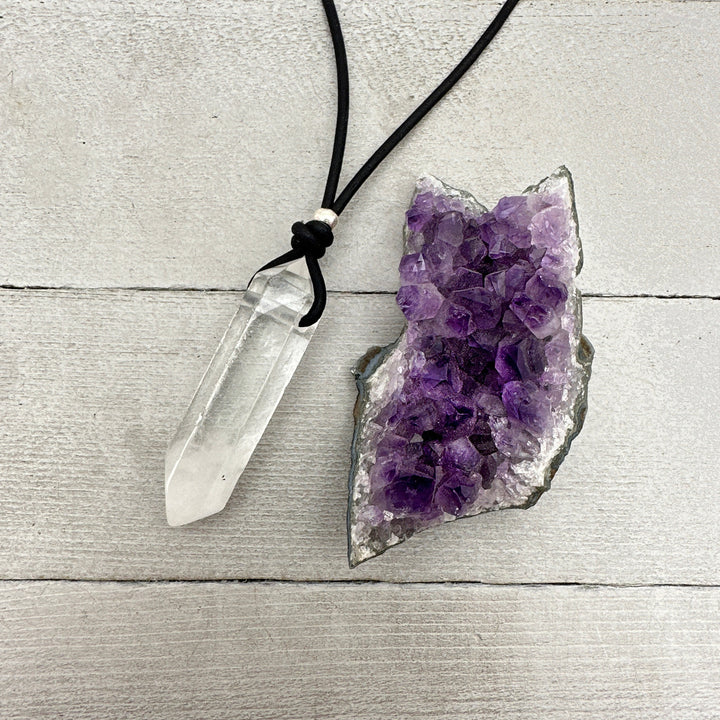 Crystal Quartz Point Pendant Leather Necklace - SunlightSilver