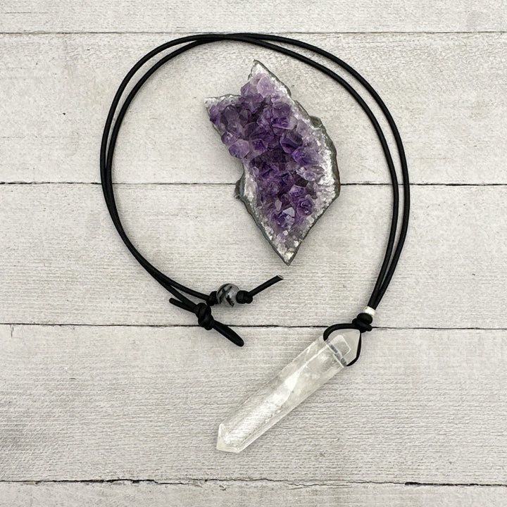 Crystal Quartz Point Pendant Leather Necklace - SunlightSilver