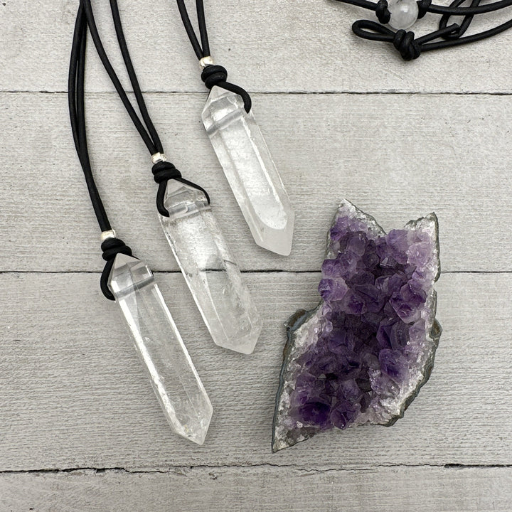 Crystal Quartz Point Pendant Leather Necklace - SunlightSilver