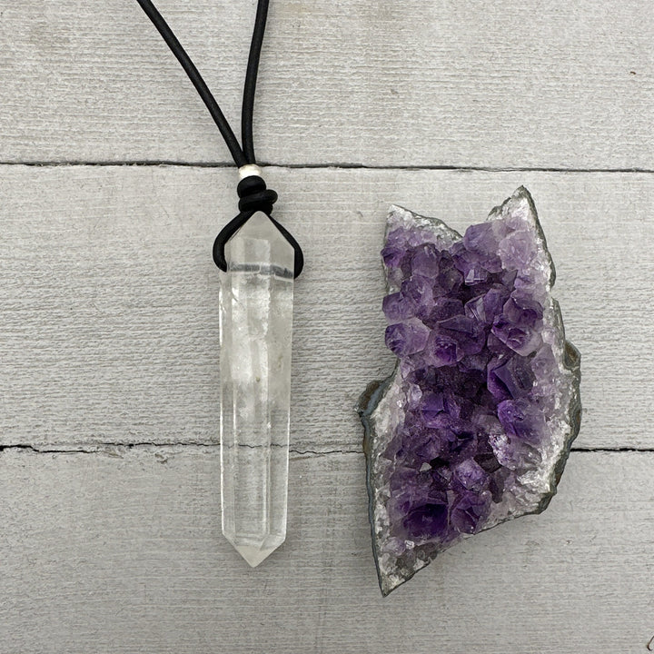 Crystal Quartz Point Pendant Leather Necklace - SunlightSilver