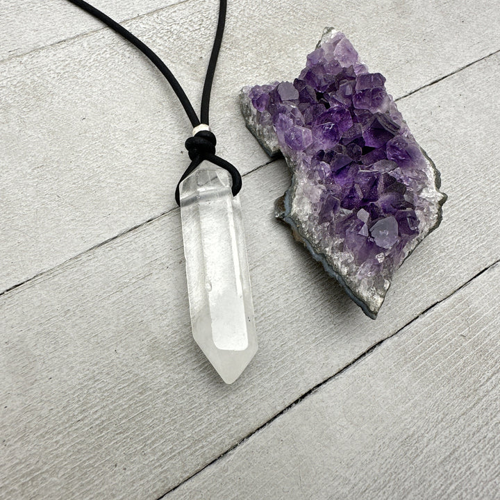 Crystal Quartz Point Pendant Leather Necklace - SunlightSilver