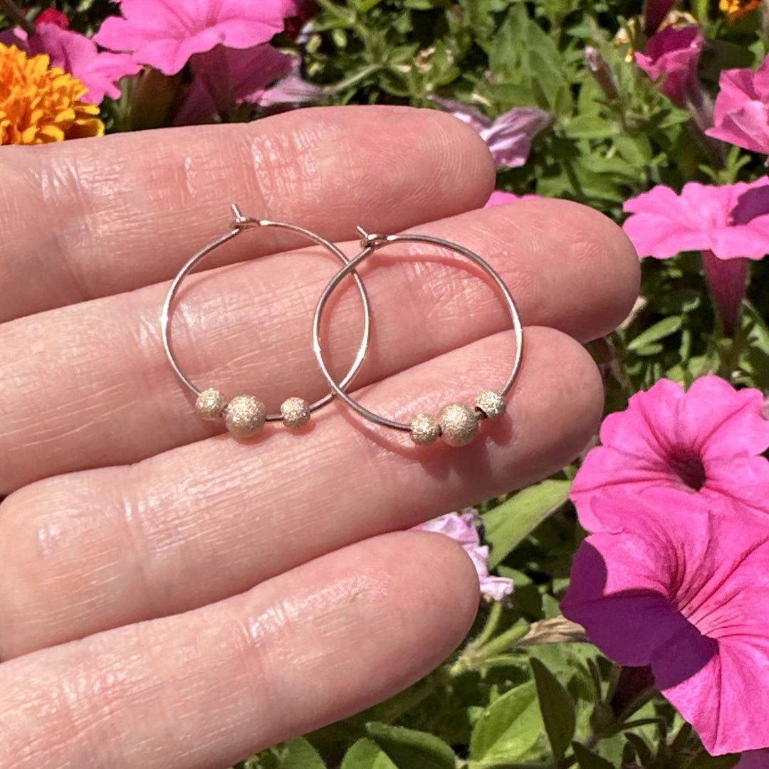 14k Rose Gold Fill Hoop Earrings with 3 Stardust Beads - 3/4 inch (20mm) in size - SunlightSilver