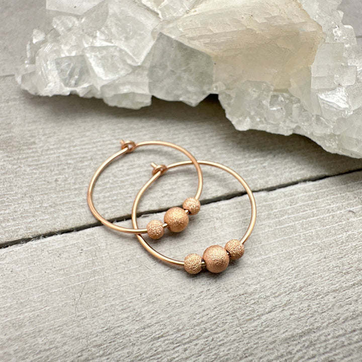 14k Rose Gold Fill Hoop Earrings with 3 Stardust Beads - 3/4 inch (20mm) in size - SunlightSilver