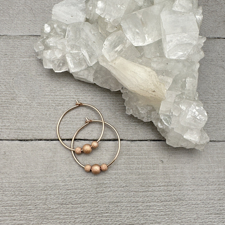 14k Rose Gold Fill Hoop Earrings with 3 Stardust Beads - 3/4 inch (20mm) in size - SunlightSilver