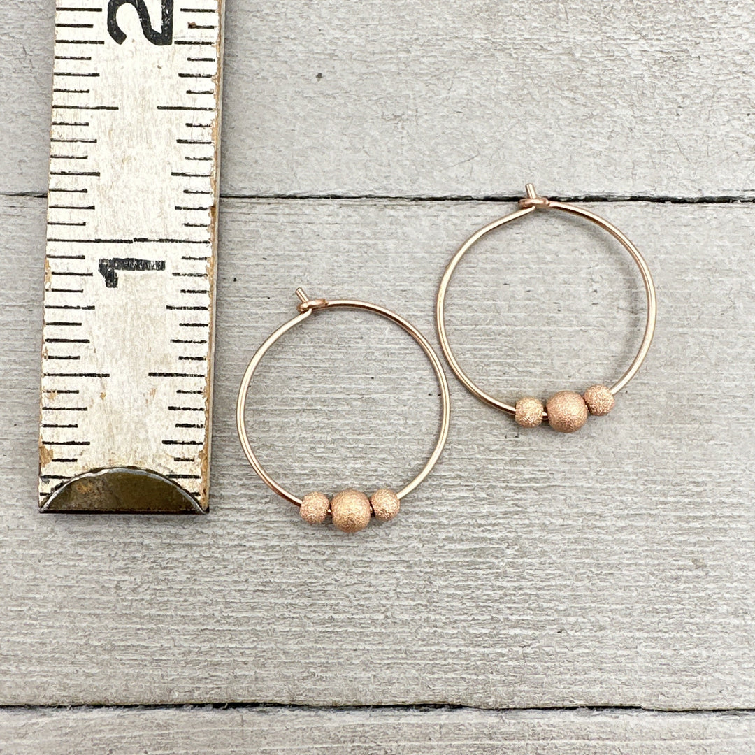 14k Rose Gold Fill Hoop Earrings with 3 Stardust Beads - 3/4 inch (20mm) in size - SunlightSilver