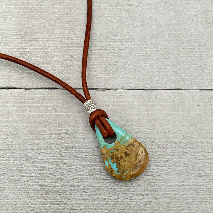 Kingman Turquoise and Rustic Brown Leather Necklace - SunlightSilver