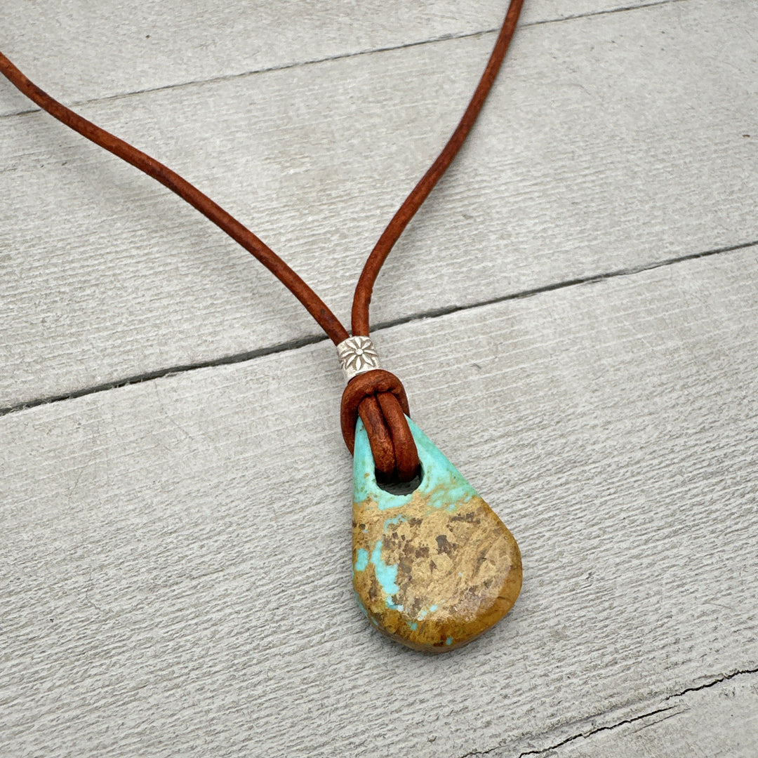 Kingman Turquoise and Rustic Brown Leather Necklace - SunlightSilver