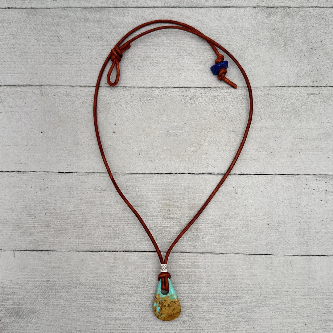 Kingman Turquoise and Rustic Brown Leather Necklace - SunlightSilver